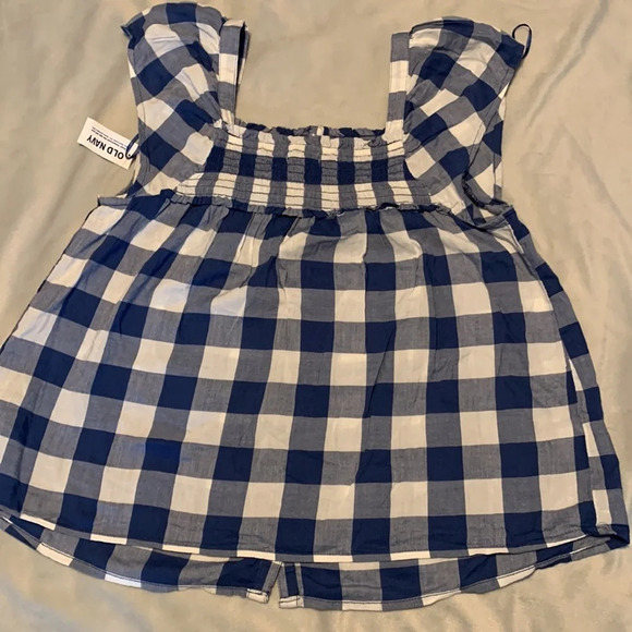 Old navy size small blue check gingham sleeveless blouse button picnic smocked - Picture 6 of 7